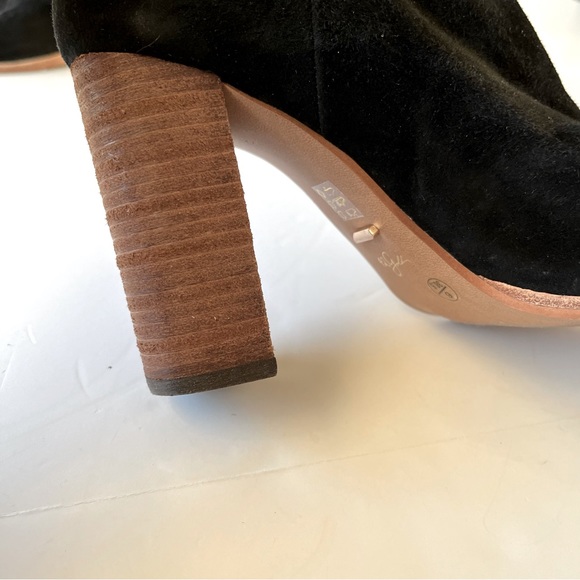 42 Gold Black Suede Heeled Peep Toe Ankle Booties Size 6 - Picture 7 of 14